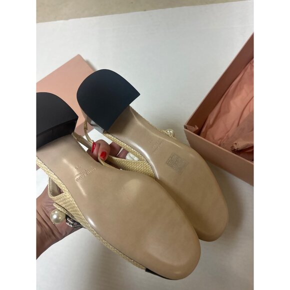 MIU MIU Leather Trimmed Raffia Slingback Pumps Naturals Size 39 NWT - Picture 5 of 7